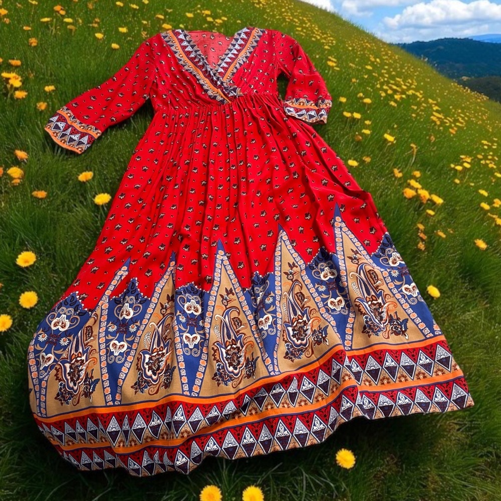 NWOT Vibrant Red and Blue Cotton Blend Maxi Dress size Small - Picture 1 of 16